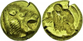 Lesbos Mytilene. Circa 521-478 BC. 
Hekte (Electrum) Head of a lion roaring to right. Rev. Head of a calf to right, BMFA 1679 ff. Bodenstedt 13. Dewin...