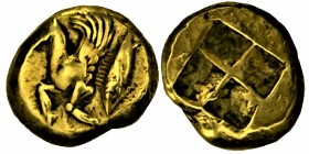 Mysia Kyzikos. Circa 500-450 BC. 
Stater (Electrum) Forepart of a winged doe to left, with rounded wing; below, swimming downwards to left, tunny fish...