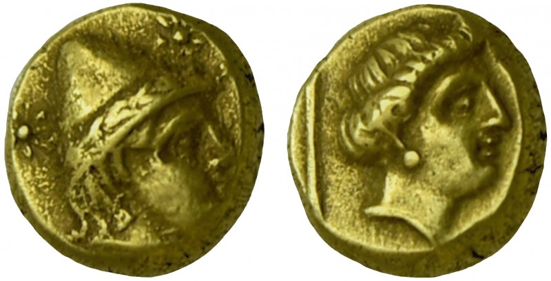 Lesbos, Mytilene EL Hekte. Circa 377-326 BC. 
 Head of Kabeiros right, wearing w...