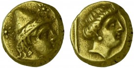 Lesbos, Mytilene EL Hekte. Circa 377-326 BC. 
 Head of Kabeiros right, wearing wreathed cap, two stars flanking / Head of Persephone right in linear s...