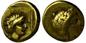 Lesbos, Mytilene EL Hekte. Circa 377-326 BC. Laureate head of Apollo right / Head of Artemis right, hair bound in sphendone, serpent behind; all withi...