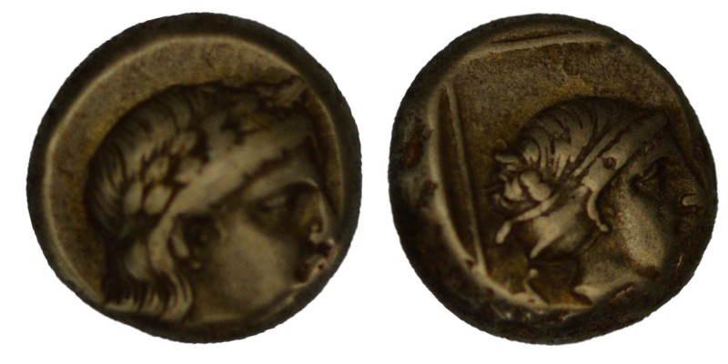 Lesbos, Mytilene EL Hekte. Circa 375-325 BC. Laureate head of Apollo right / Hea...