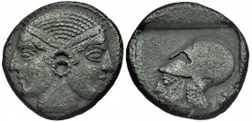 Mysia Lampsakos. Circa 500-450 BC. Drachm Silver, 
Janiform female head, with circular earring. Rev. Helmeted head of Athena to left within a shallow ...