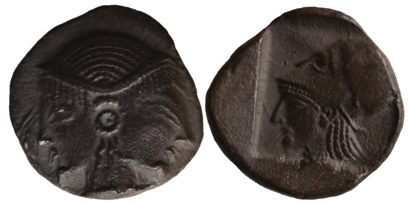 MYSIA, Lampsakos. Circa 500-450 BC. 
AR Diobol Janiform female heads / Helmeted ...