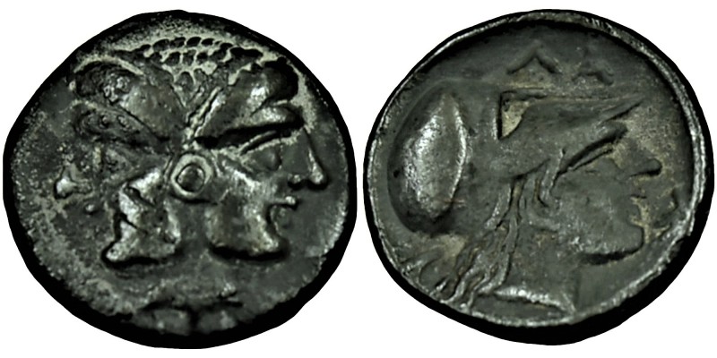 Mysia, Lampsakos AR Diobol. 4th-3rd century BC. Female janiform head, [dolphin r...