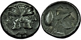 Mysia, Lampsakos AR Diobol. 4th-3rd century BC. Female janiform head, [dolphin right below] / Helmeted head of Athena right, ΛΑΜΨ around. SNG France 1...