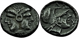 Mysia, Lampsakos AR Diobol. 4th-3rd century BC. Female janiform head, [dolphin right below] / Helmeted head of Athena right, ΛΑΜΨ around. SNG France 1...