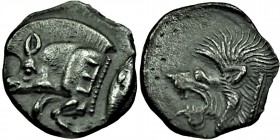 Mysia. Kyzikos circa 525-475 BC. Obol AR Forepart of boar to left; on the boar's shoulder, retrograde Ε; to right, tunny fish swimming upwards / Head ...