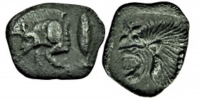 Mysia. Kyzikos circa 525-475 BC. Obol AR Forepart of boar to left; on the boar's shoulder, retrograde Ε; to right, tunny fish swimming upwards / Head ...