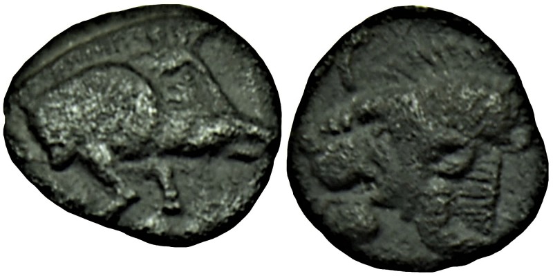 Mysia. Kyzikos circa 525-475 BC. 
Tetartemorion Forepart of boar right; tunny to...