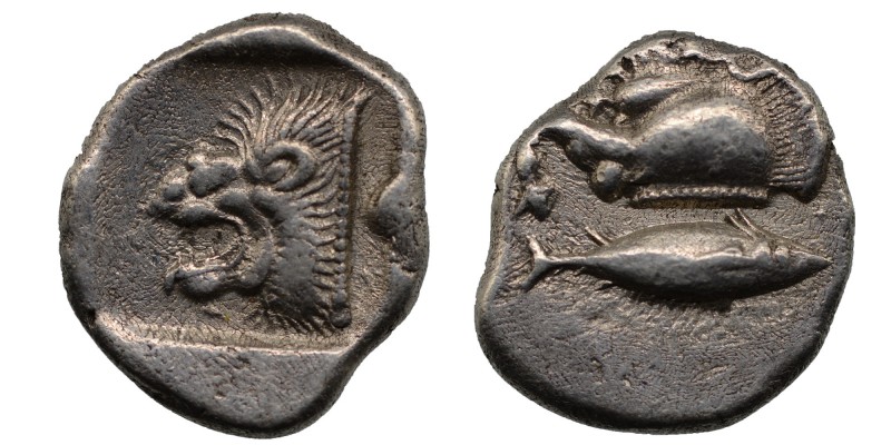 Greek, Mysia, c. 525-475 BC, AR Hemiobol, Kyzikos
Obverse: Forepart of boar left...