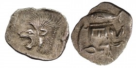Mysia, Kyzikos AR Obol. Circa 450-400 BC. 
Forepart of boar left, tunny upward to right / Head of roaring lion left; retrograde K to upper left, all w...