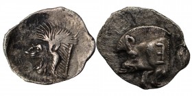 Mysia, Kyzikos AR Obol. Circa 450-400 BC. 
Forepart of boar left, tunny upward to right / Head of roaring lion left; retrograde K to upper left, all w...