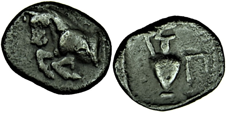 Mysia. Prokonnesos circa 400-280 BC. Obol AR
Forepart of horse left, grape bunch...