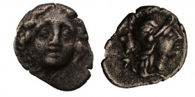 Pisidia, Selge AR Obol. Circa 350-300 BC. Facing gorgoneion / Helmeted head of Athena right; astragalos behind. SNG France 1934; SNG Copenhagen 246. C...