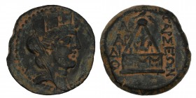 CILICIA, Tarsos. 164-27 BC. 
Æ Turreted bust of Tyche right; c/m: radiate head right within circular incuse / Sandan standing right on horned, winged ...