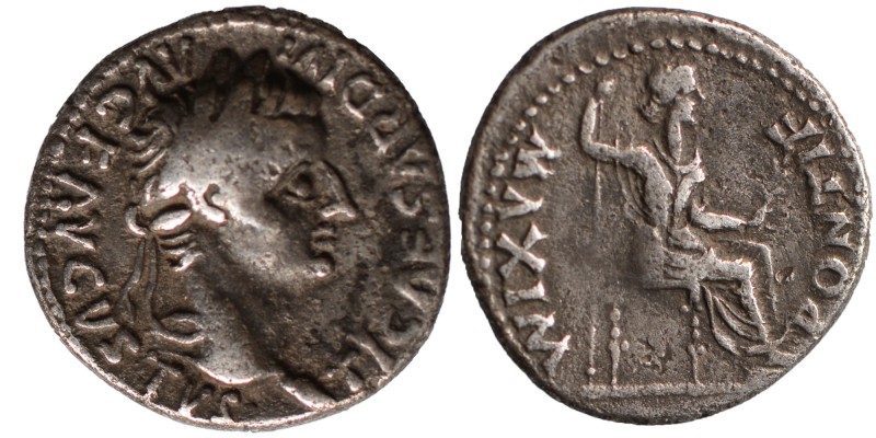 Tiberius AR Denarius. Lugdunum, AD 36-37. [TI CAESA]R DIVI AVG F AVGVSTVS, laure...