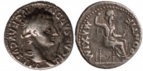 Tiberius AR Denarius. Lugdunum, AD 36-37. [TI CAESA]R DIVI AVG F AVGVSTVS, laureate head right / PONTIF MAXIM, female figure seated right on chair wit...