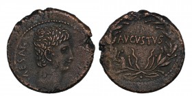 Augustus, 27 BC-14 AD. 
Asian AE - As, Ephesus mint(?), c. 25 BC. Bare head of Augustus right / Laurel wreath, AVGVSTVS within (RPC 2235; RIC 486). Co...