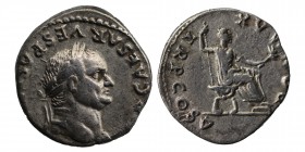 Vespasian AD 69-79. Rome Denarius IMP CAESAR VESPASIANVS AVG, laureate head of Vespasian right / PON MAX TR P COS V, emperor seated right on curule ch...