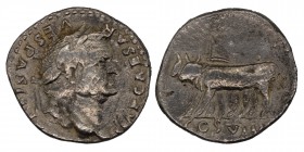 Vespasian. AD 69-79. 
AR Denarius Rome mint. Struck AD 77-78. Laureate head right / Pair of oxen, under yoke, left. RIC II.1 943; RSC 133a. Condition:...