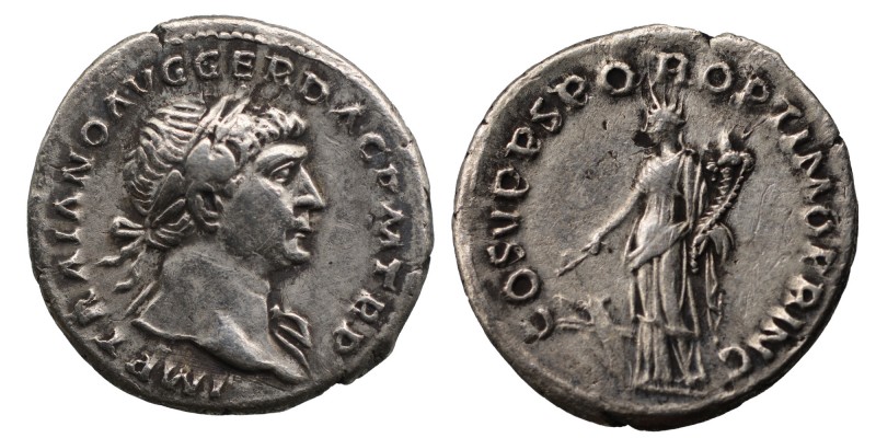 Trajan AR Denarius. Rome, AD 103-111. 
IMP TRAIANO AVG GER DAC P M TR P, laureat...