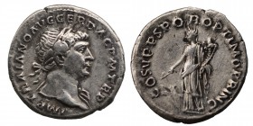 Trajan AR Denarius. Rome, AD 103-111. 
IMP TRAIANO AVG GER DAC P M TR P, laureate bust right, slight drapery on far shoulder / COS V P P S P Q R OPTIM...