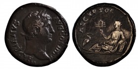 Hadrian AR Denarius. Rome, AD 130-133. HADRIANVS AVG COS III P P, laureate head right / AEGYPTOS, Egypt reclining left on basket, holding sistrum; bef...