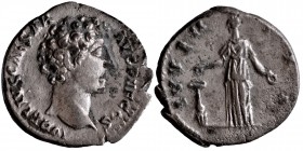 Marcus Aurelius (AD 139-161). Marcus Aurelius as Caesar, denarius - Juventas standing, Condition Very good. 3.1 gr. 17.5 mm.