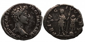 COMMODUS (Caesar, 166-177). Denarius. Rome. 
Obv: COMMODO CAES AVG FIL GERM. 
Bareheaded and draped bust right. Rev: PRINC IVVENT. Commodus standing l...