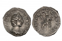 Julia Mamaea. Denarius. A.D. 231 Rome. Rev .: AVGVSTA ANTHEM. Juno sitting on the left with a flower and a child in her arms. RIC-341. SB-32. MBC. Con...
