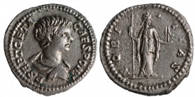 Geta Caesar, 198-209. Denarius circa 200-202, AR Bare-headed and draped bust r. Rev. Nobilitas standing facing, head to r., holding sceptre and pallad...