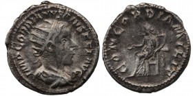 Gordian III AR Antoninianus. Rome, AD 240. IMP GORDIANVS PIVS FEL AVG, radiate, draped and cuirassed bust right / CONCORDIA MILT, Concordia seated lef...