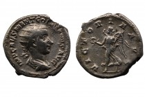 Gordianus III (AD 238-244)
Antoniniane (silver). Antioch. Vs: bust on the right.
Back: Victoria n. L. walking / Aequitas n. l. standing / Gordianus n....