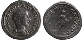 Gordianus III., 238-244. AR-Antoninian, 241/243, Rome, Draped bust r. with radiation band // emperor stands r. with spear and globe. Coh. 253; RIC 92....