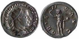 Gordianus III (AD 238-244). 
Antoninian (silver). AD 241-243 Rome. Vs: IMP GORDIANVS PIVS FEL AVG. Bust with a jet crown, paludament and armor on the ...