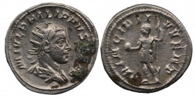 Philip I Arabs for Philip II Antoninian 244/246, Rome. Bust / Philippus with globe and spear. RIC 218d C. 48 Condition: Very Good 4.2 gr. 23. mm.