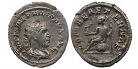 Philip I Arabs (244 - 249 AD)
 Antoniniane. Rome. Vs: bust on the right.
Reverse: Roma with Victoria, lance and shield n. L. sitting / pudicitia with ...