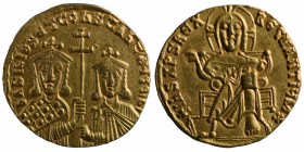 BYZANTINE EMPIRE. Basil I, 867-886 AD. 
Gold Solidus of Constantinople. Christ enthroned / Crowned facing busts of Basil & Constantine. S.1704. Near M...