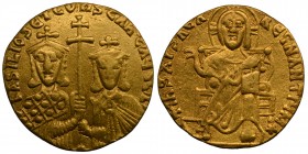 BYZANTINE EMPIRE. Basil I, 867-886 AD. 
Gold Solidus of Constantinople. Christ enthroned / Crowned facing busts of Basil & Constantine. S.1704. Near M...