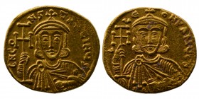 Constantine V Copronymus, 741-775. 
Solidus (Gold), Constantinople, c. 742-745. d LEON PA MUL- Crowned bust of Constantine's father Leo III facing, we...
