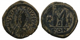 Justinian I - Large M Follis. 527-565 AD. Constantinople mint. Obv: D N IVSTINIANVS PP AVG legend with diademed, draped and cuirassed bust right. Rev:...