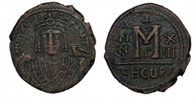 BYZANTINE EMPIRE. Maurice Tiberius, 582-602 AD. Æ Follis Theoupolis (Antioch), yr. 10. Crowned facing bust / Large M. S.533. VF, Condition: Very Good ...