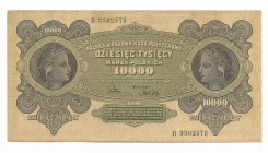 Polish marks 1916-1923
II RP, 10000 marek polskich 1922 
 II RP, 10000 marek polskich 1922 Obiegowy egzemplarz. Bez naddarć i ubytków.

Grade: VF...