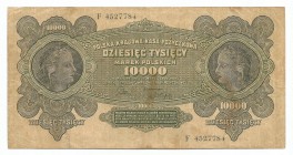 Polish marks 1916-1923
II RP, 10000 marek polskich 1922 
 II RP, 10000 marek polskich 1922 Obiegowy egzemplarz, złamany, przebarwienia. 
Grade: VF-...