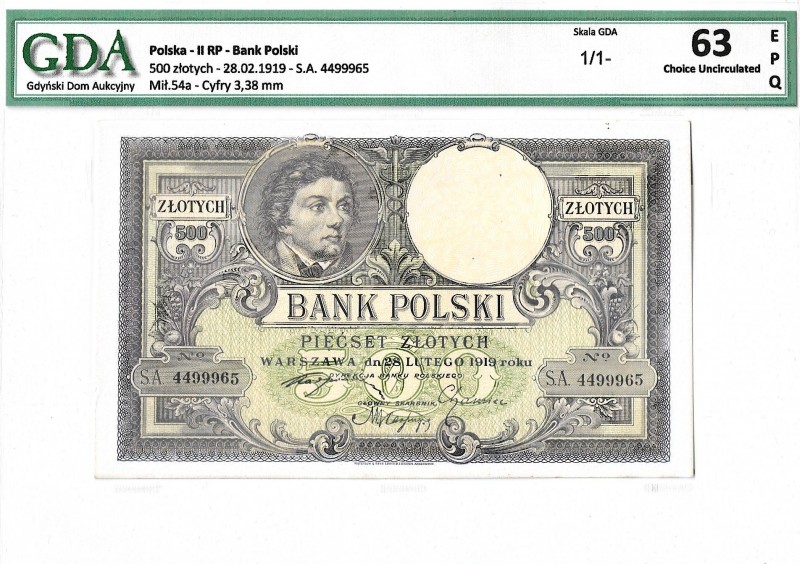 Polish marks 1916-1923
II RP, 500 złotych 1919 Ser. SA - GDA 63EPQ 
 II RP, 50...