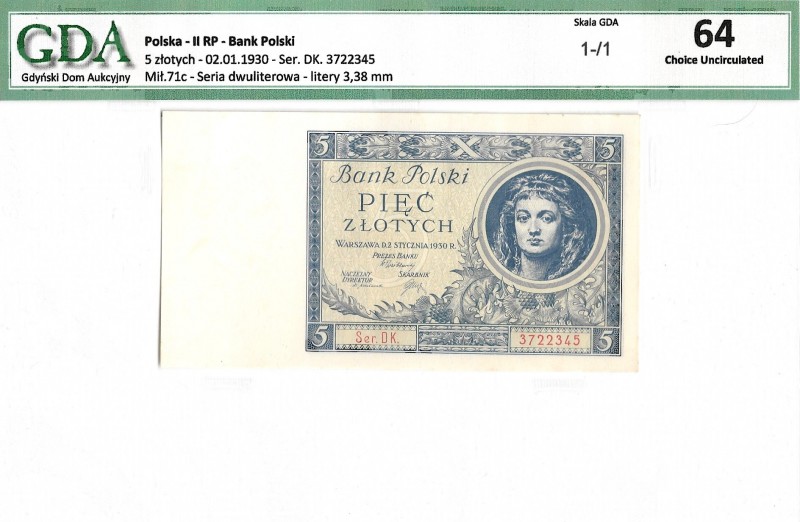 Zloty 1919-1938
II RP, 5 złotych 1930 DK - GDA 64 
 II RP, 5 złotych 1930 DK -...