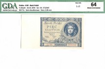 Zloty 1919-1938
II RP, 5 złotych 1930 DK - GDA 64 
 II RP, 5 złotych 1930 DK - GDA 64 Banknot w emisyjnym stanie zachowania doceniony wysoką notą 64...