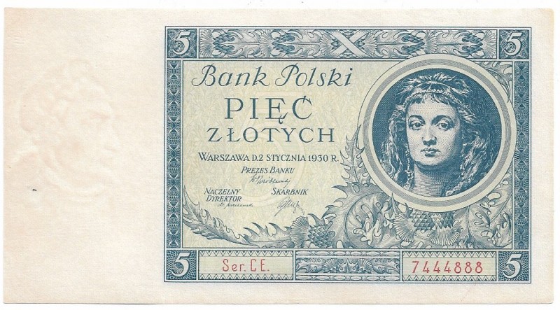 Zloty 1919-1938
II RP, 5 złotych 1930 Ser. CE. 
 II RP, 5 złotych 1930 Ser. CE...