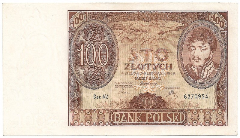 Zloty 1919-1938
II RP, 100 złotych 1934 
 II RP, 100 złotych 1934 Emisyjny egz...